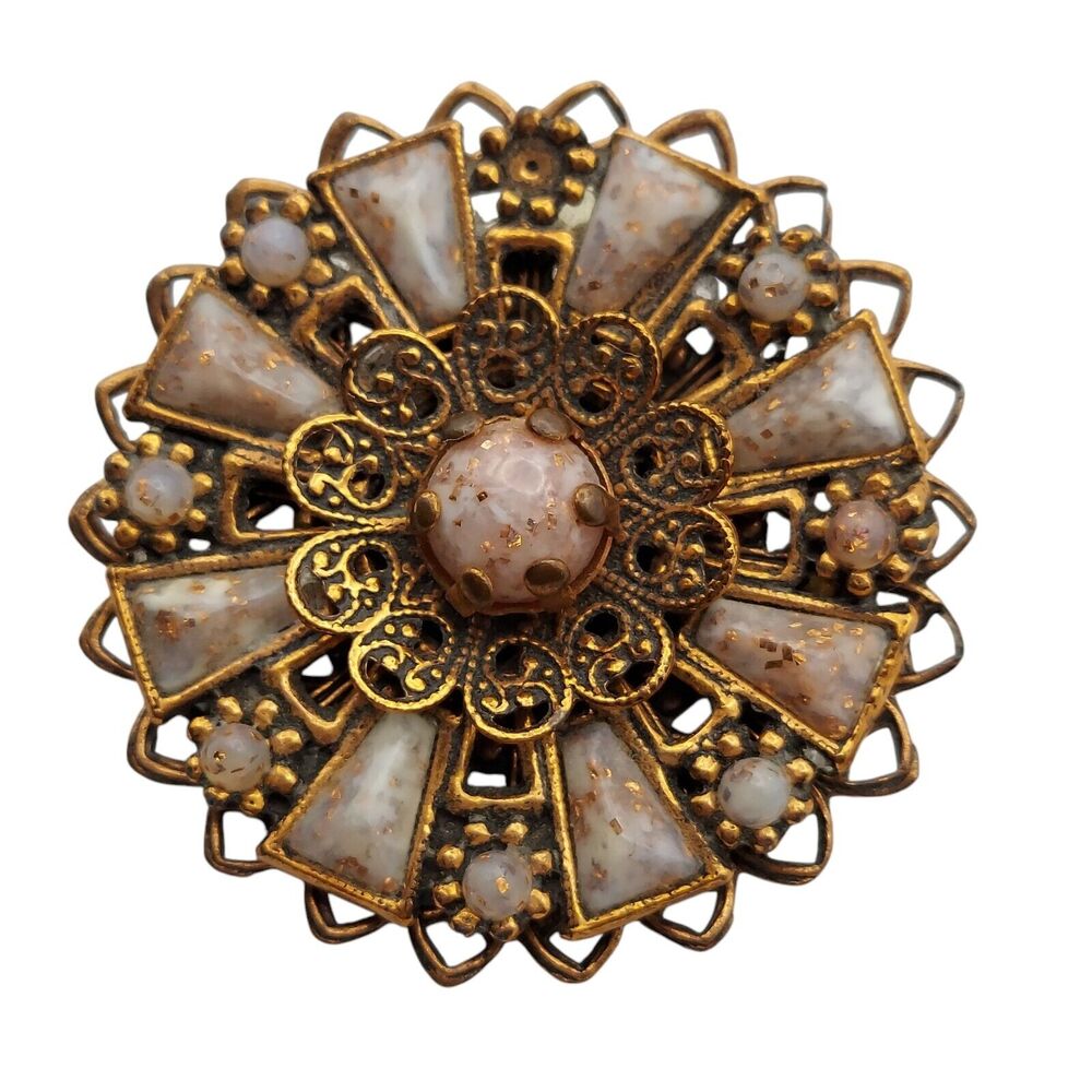 Vintage Copper Tone Filigree Pin Ornate White / Pink Confetti Lucite Brooch READ